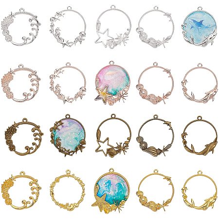 OLYCRAFT 20pcs Ocean Theme Open Back Bezel Pendants 4-Color Open Bezel Charms Alloy Frame Pendants Hollow Resin Frames with Loop for Resin Jewelry Making - 5 Style