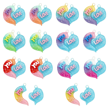 CHGCRAFT 28Pcs 7 Colors Couple Heart Charm with Glitter Valentine Heart Gradient Color Charm Pastel Flat Resin Charm Pendant for Jewelry Making Key Chain, 27mm 29mm