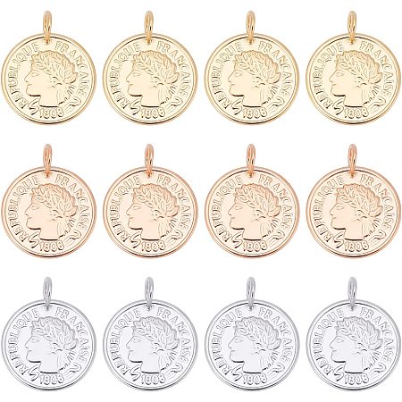 DICOSMETIC 12Pcs 3 Colors Stainless Steel Flat Round Coin Pendants Golden Republique Francaise 1808 Charms Large Hole Pendants for Necklace Bracelet Jewelry Making