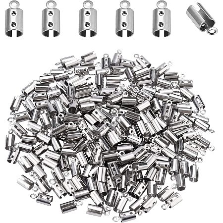 DICOSMETIC 300pcs 4mm Fold Crimp Ends 201 Stainless Steel Cord Ends Terminators Clamp Ends Caps for Bracelets Leather Jewelry Making,Hole:1.4mm
