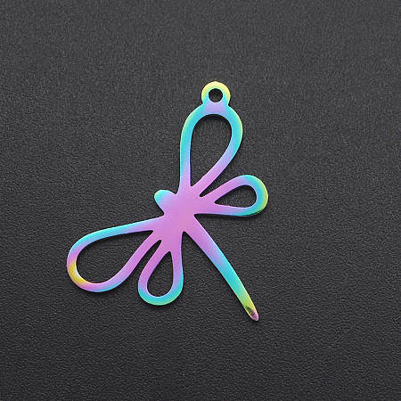 Honeyhandy Ion Plating(IP) 201 Stainless Steel Pendants, Dragonfly, Laser Cut, Rainbow Color, 24x21x1mm, Hole: 1.2mm