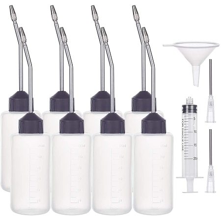 BENECREAT 8 Packs 4oz Plastic Sewing Machine Oiler Oil Dispenser with Measurement and Long Angled Spout, 2 Stainless Tips, 1 Funnel, 1 Syringe for Oil Liquid