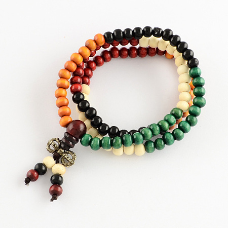 Honeyhandy Dual-use Items, Wrap Style Buddhist Jewelry Dyed Wood Round Beaded Bracelets or Necklaces, Colorful, 520mm, 108pcs/bracelet