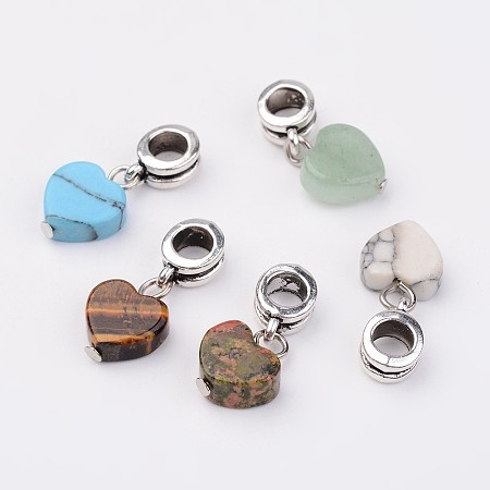 Honeyhandy Mixed Gemstone European Dangle Charms, Natural & Synthetic, Heart Large Hole Pendants, with Alloy Tube Bails, Antique Silver, 23x10x4mm, Hole: 4.7mm