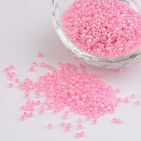 Honeyhandy 12/0 Ceylon Round Glass Seed Beads, Pink, Size: about 2mm in diameter, hole:1mm, about 3303pcs/50g