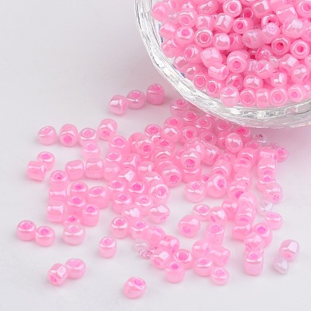 Honeyhandy DIY Craft Beads 6/0 Ceylon Round Glass Seed Beads, Pink, Size: about 4mm in diameter, hole:1.5mm, about 495pcs/50g