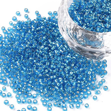 FGB 11/0 Transparent Glass Seed Beads, Silver Lined Round Hole, Round, Deep Sky Blue, 2x1.5mm, Hole: 0.3mm, about 3000pcs/50g