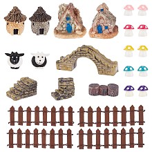 Gorgecraft Succulent Micro Landscape Dollhouse Ornaments, including Resin Imitation Stone House, Bridge, Stairs, Imitation Wood Stumps, Fences, Sheeps, Mushrooms, Mixed Color, 10~47x11~105x4~40mm, 26pcs/bag