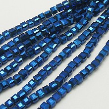 Honeyhandy Electroplate Glass Beads Strands, Faceted, Cube, Blue, 4x4x4mm, hole: 1mm