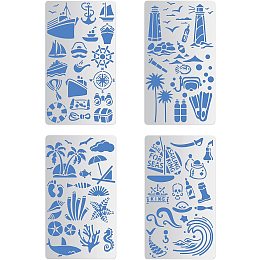 BENECREAT 4PCS 4x7 Inch Sea Creature Metal Stencils Vacation, Coconut Tree Template for Wood Carving, Drawings and Woodburning, Engraving and Scrapbooking Project