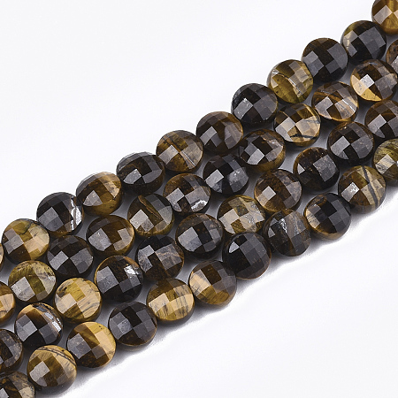 ARRICRAFT Natural Tiger Eye Beads Strands, Faceted, Flat Round, 6~6.5x4~5mm, Hole: 1mm, about 61~67pcs/strand, 14.9 inches~15.1 inches
