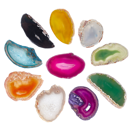 Natural Agate Slices Big Pendants, Dyed, Mixed Color, 50~110x27~60x5~10mm, Hole: 2mm; 10 colors, 1pc/color, 10pcs/set