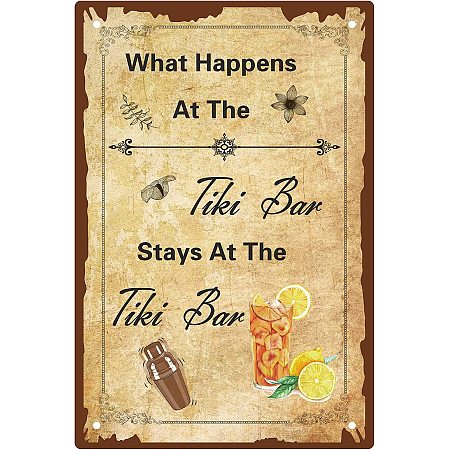 CREATCABIN Tiki Bar Metal Sign What Happens at The Tiki Bar Stays at The Tiki Bar Decoration Funny Novelty Vintage Poster Tin Sign for Home Kitchen Beach Bar Pub Wall Decor 12 x 8 Inch