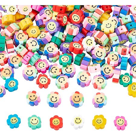 NBEADS 240 Pcs 10mm Smiley Face Clay Beads, 2 Styles Happy Face Spacer Beads, Soft Flower Loose Beads for Bracelet Earring Necklace Jewelry Making Supplies