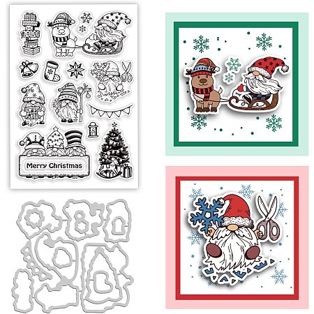 BENECREAT 2pcs Merry Christmas Clear Stamps with Carbon Steel, Santa Claus Christmas Tree Gnome Clear Stamps and Dies for DIY Scrapbooking, Photo Album Decorative, Cards Making