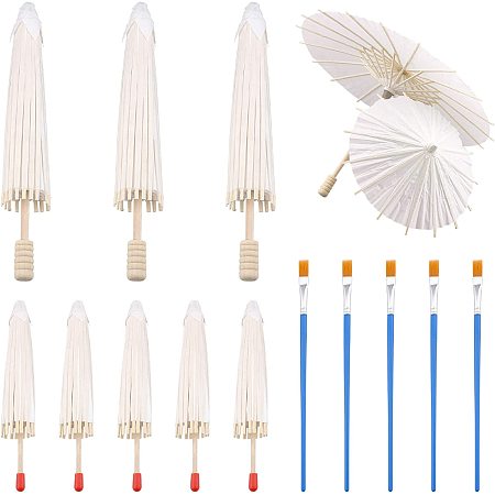 CHGCRAFT 9Pcs 2 Sizes Paper Parasol Paper Umbrella for DIY White Painting Decorative Umbrella with Wood Handle and 5Pcs Paint Brushes Pens for Photo Props Wedding Summer Shade, 8.6-12.6Inch