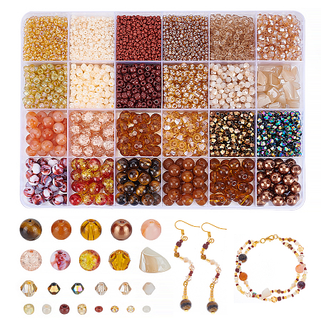 PandaHall Elite DIY Beads Jewelry Making Finding Kit, Including Seed & Glass & Acrylic & Natural Yellow Tiger Eye Beads, Round & Nugget & Bicone, Camel, 2~16.5x2~11.5x2~9.5mm, Hole: 0.9~2mm, 6120Pcs/box