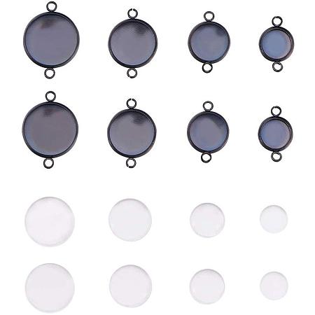 PH PandaHall 24 Sets 4 Size Black Cabochon Connector Settings - 24pcs Double Hole Earring Blanks Pendant Trays with 24pcs Glass Cabochons for DIY Photo Jewelry Making