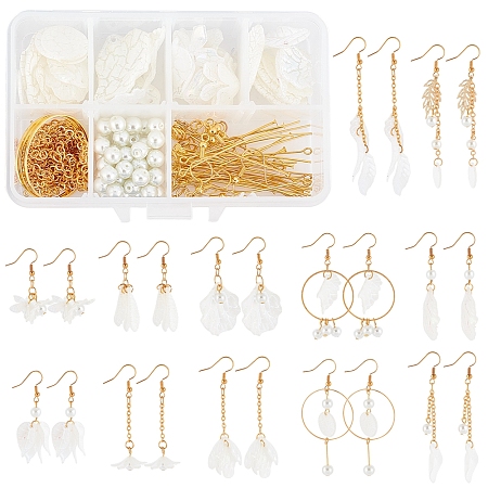 SUNNYCLUE DIY Acrylic & Crackle Dangle Earring Making Kits, Flower & Leaf & Flat Round Acrylic Pendants and Glass Pearl Beads, Brass Earring Hooks & Jump Rings & Pin, Mixed Color, 19.5x17x5mm, Hole: 1.4mm