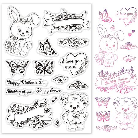 GLOBLELAND Animals and Flowers Silicone Clear Stamps Happy Mother's Day Happy Easter Transparent Stamps for Cards Making DIY Scrapbooking Photo Album Decoration Paper Craft