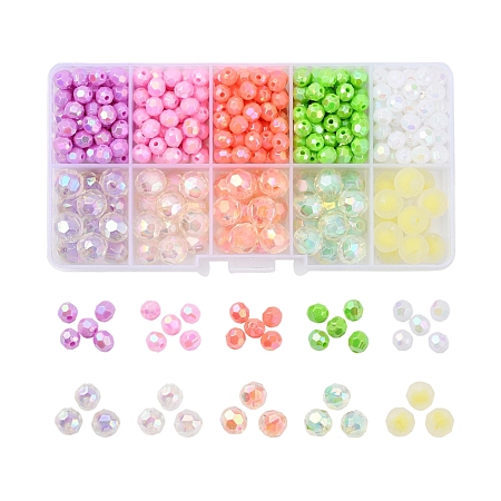 Arricraft Acrylic Beads Set, Including Round AB Color Plated Eco-Friendly Poly Styrene & Transparent Acrylic Beads, Mixed Color, Beads: 6mm, Hole: 1mm, 9.5x9.5mm, Hole: 2mm, 385pcs/box