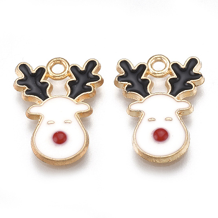 Honeyhandy Alloy Pendants, Cadmium Free & Lead Free, with Enamel, Christmas Reindeer/Stag, Light Gold, Creamy White, 17x13x1.5mm, Hole: 1.5mm