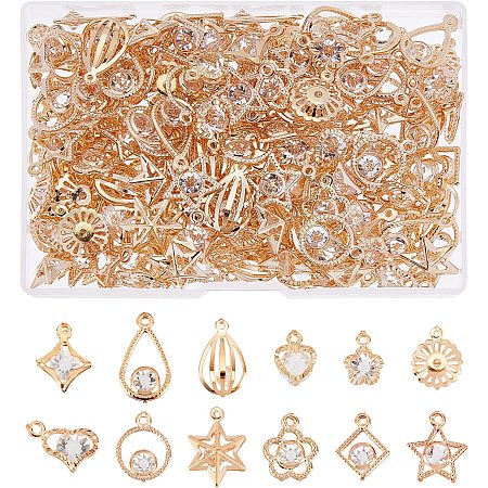 SUPERFINDINGS 168Pcs 12 Style Iron Rhinestone Charms Pendant Cubic Zirconia Charms Light Gold Plated Dangle Pendants Rhinestone Heart Flower Teardrop Rings Charms for Necklace Bracelet Making