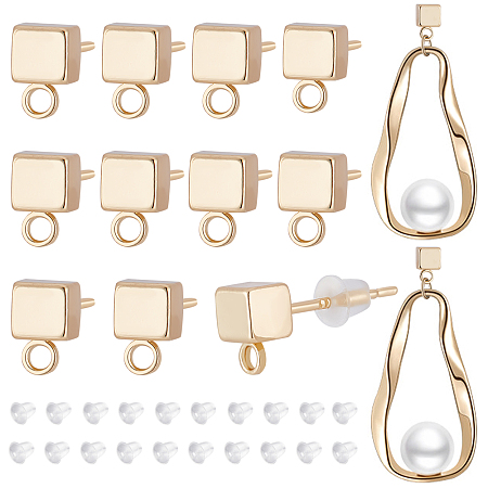 BENECREAT 12Pcs Real 14K Gold Plated Brass Cube Stud Earring Findings 0.8mm Pin, with Horizontal Loops and 30Pcs Plastic Ear Nuts for Anniversaries Gifts Favors Jewelry Making
