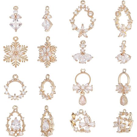 CHGCRAFT 16Pcs 8 Style Brass Cubic Zirconia Charms Golden Flower Teardrop Snowflake Pendants CZ Stone Charms for Earrings Bracelet Necklace Costume Shoes Home Decoration