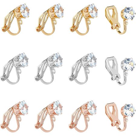 SUPERFINDINGS 30Pcs 3 Color Brass Clip-on Earring Finding 17x5x9mm Clip-on Earring Converter Gold Silver Brass Earring Clip with Crystal Rhinestone for Non-Pierced Ear DIY Earring Making, Hole: 1.2mm