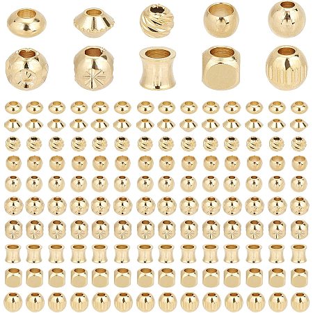PandaHall Elite 10 Styles Gold Spacer Beads, 150pcs Cube Column Bicone Round 18K Gold Plated Brass Beads Long-Lasting Plated Smooth Spacer Beads for Necklace, Bracelet, Earring Making