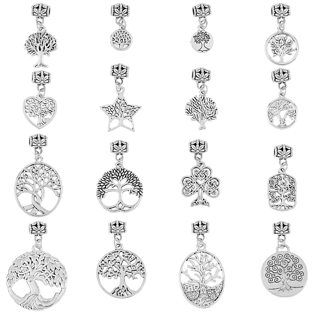 SUPERFINDINGS 32Pcs 16 Styles Tibetan European Dangle Charms Beads Alloy Tree of Life Charm Beads Antique Silver Dangle Spacer Beads Bails Connector for Jewelry Making, Hole:1.6mm