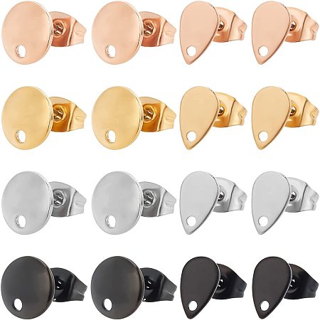 PandaHall 32pcs 4 Colors 304 Stainless Steel Stud Earrings Teardrop & Flat Round Earring Studs Blanks Earring Posts with Backs for DIY Earring Jewelry Making