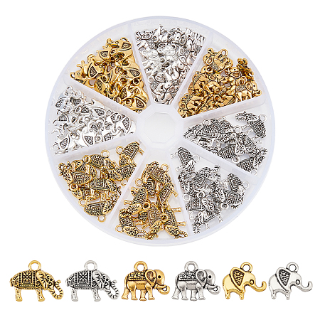PandaHall Elite 96pcs 6 style Tibetan Style Alloy Pendants, Elephant, Antique Silver & Antique Golden, 11~13x8.5~17x1.5~3.5mm, Hole: 1~2mm, 16pcs/style
