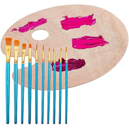 GORGECRAFT 11pcs Artist Wood Painting Palette Paint Trays Oval Shaped Large Scale Sketchpad with Professional Brush Set Thumb Hole 12