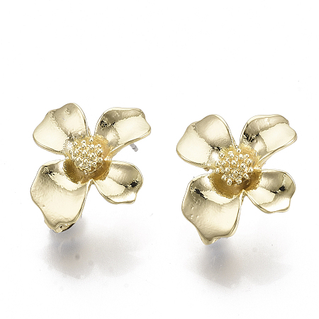 Honeyhandy Alloy Stud Earring Findings, with Loop and Steel Pin, Flower, Light Gold, 20x18mm, Hole: 4mm, Pin: 0.7mm