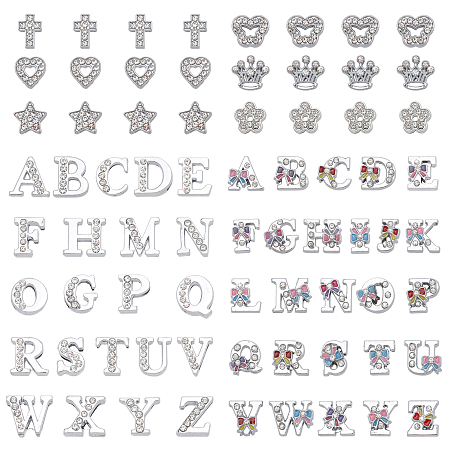 Alloy Crown Slide Charms with Grade A Rhinestones, Letter A~Z, Alphabet, Platinum, 13x14x5mm, Hole: 7x2mm