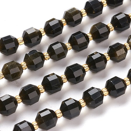 Arricraft Natural Golden Sheen Obsidian Beads Strands, Round, Faceted, 7x7x8mm, Hole: 0.8mm, about 38pcs/Strand, 15.35 inches(39cm)