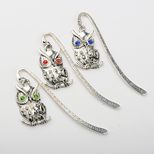 Honeyhandy Tibetan Style Alloy Bird Bookmarks, with Grade A Rhinestone, Owl, Antique Silver, Mixed Color, 84mm, Owl: 39x19x4mm