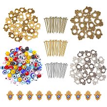 CHGCRAFT 220Pcs Hamsa Evil Eye Charm Set Including 60Pcs Tibetan Style Alloy Bead Frames 72Pcs Lampwork Round Beads 90pcs Iron Flat Head Pins