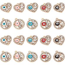 NBEADS 40 Pcs Rhinestone Evil Eye Charms, 4 Colors Crystal Alloy Enamel Evil Eye Pendants Heart and Flat Round Golden Alloy Frame Rhinestone Evil Eye Charms for DIY Bracelet Necklace Jewelry Making