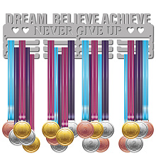 CREATCABIN Medal Holder Display Hanger Rack Sports Dream Believe Achieve Never Give Up Metal Iron Wall Mount for Race Runner Players Gymnastics Swimming Running Over 60 Medals Silver 15.7 x 4.7 Inch