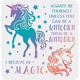 FINGERINSPIRE Unicorns Drawing Painting Stencils Templates (11.8x11.8inch) Unicorns Stencils with Word I Believe in Magic Square Unicorns Stencils for Painting on Wood, Floor, Wall and Fabric