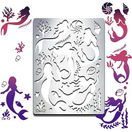 MAYJOYDIY Mermaid Metal Stencil Mermaid Journal Stencil 5 Mermaid Patterns Stainless Steel Painting Stencils 5.5×7.5inch Ocean Creature Wood Burning Stencil for DIY Engraving Painting