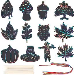 CREATCABIN 24Pcs 12 Styles Thanksgiving Fall Rainbow Scratch Paper Art Set Black Scratch It Off Magic Paper Crafts Supplies Hanging Decor Wooden Stylus for Bulk Holiday Party Home Classroom Gifts