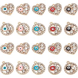 NBEADS 40 Pcs Rhinestone Evil Eye Charms, 4 Colors Crystal Alloy Enamel Evil Eye Pendants Heart and Flat Round Golden Alloy Frame Rhinestone Evil Eye Charms for DIY Bracelet Necklace Jewelry Making