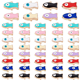 PandaHall Elite 48Pcs 8 Colors Alloy Enamel Beads, Light Gold, Fish with Evil Eye, Mixed Color, 10.5x7x4.5mm, Hole: 1.5mm, 6pcs/color