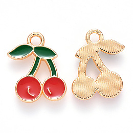 Honeyhandy Alloy Enamel Pendants, Cherry, Light Gold, Red, 18x13x2mm, Hole: 2mm