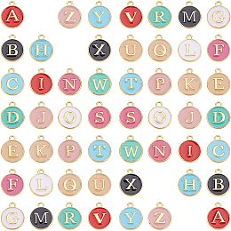 SUNNYCLUE 1 Box 52Pcs 26 Alphabet Charms A-Z Flat Round Gold Plated Initials Double Sided Alloy Enamel Letter Pendants with Hole for Personalized Jewelry Making DIY Supplies, Mixed Color