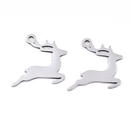 Non-Tarnish Christmas 201 Stainless Steel Pendants, Laser Cut, Christmas Reindeer/Stag, Stainless Steel Color, 18.5x17.5x0.9mm, Hole: 1.8mm